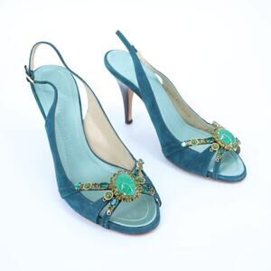 GIUSEPPE ZANOTTI Swarovski Gemmed Slingback Heel Teal Suede Women's 38.5/US 8.5